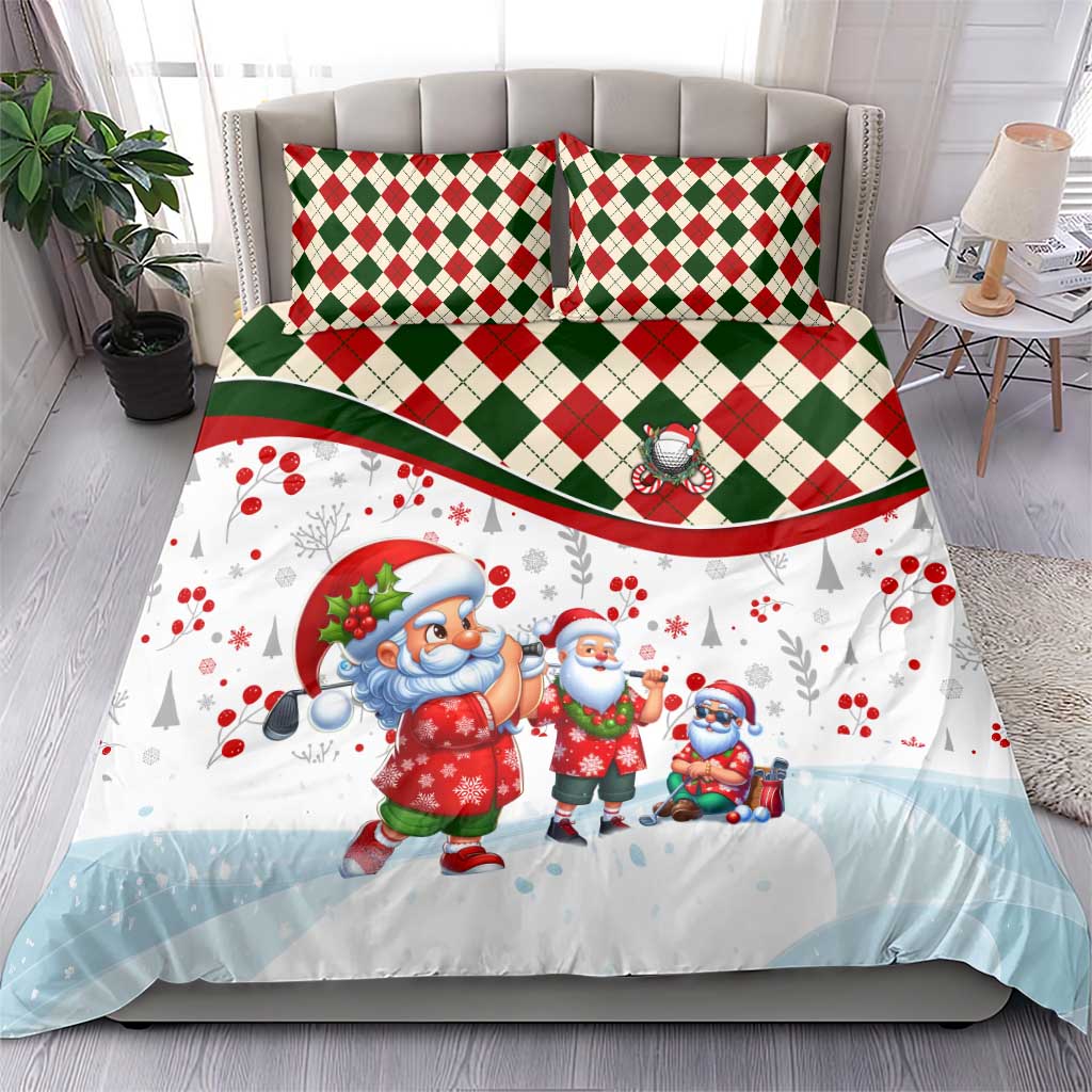 Christmas duvet cover and pillowcases with Santa figures, red and green diamond check border