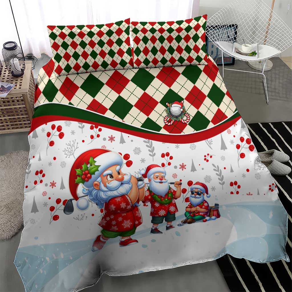 Christmas bedding set featuring Santa characters on white fabric with red/green check accents