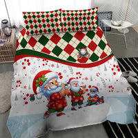 Christmas bedding set featuring Santa characters on white fabric with red/green check accents
