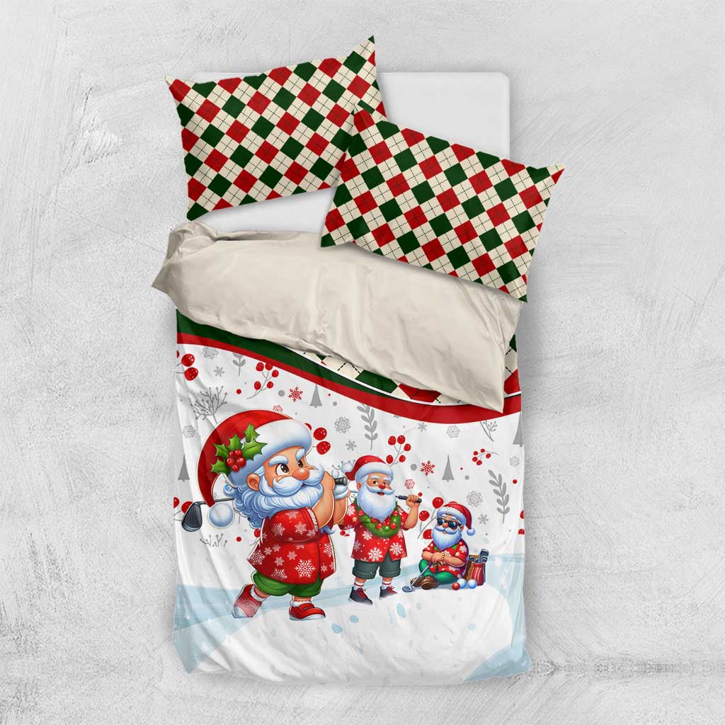 Folded Christmas bedding set with white Santa print and red/green diamond check pillowcases