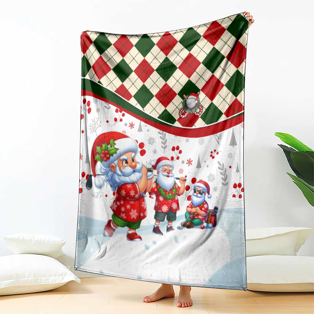 Draped Christmas blanket with red and green diamond plaid top border and Santa scene on white