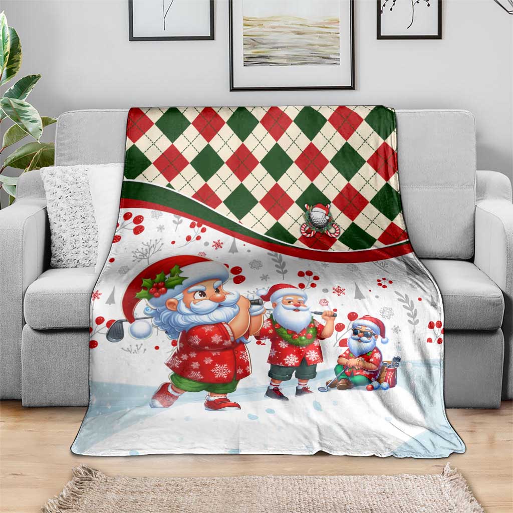 Santa-themed Christmas golf blanket with red and green plaid edge and Santa characters on white