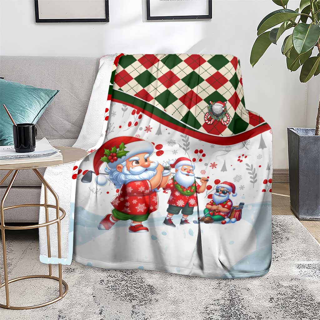Santa Christmas golf club blanket with plaid border, Santa characters printed on white, draped