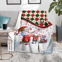 Santa Christmas golf club blanket with plaid border, Santa characters printed on white, draped