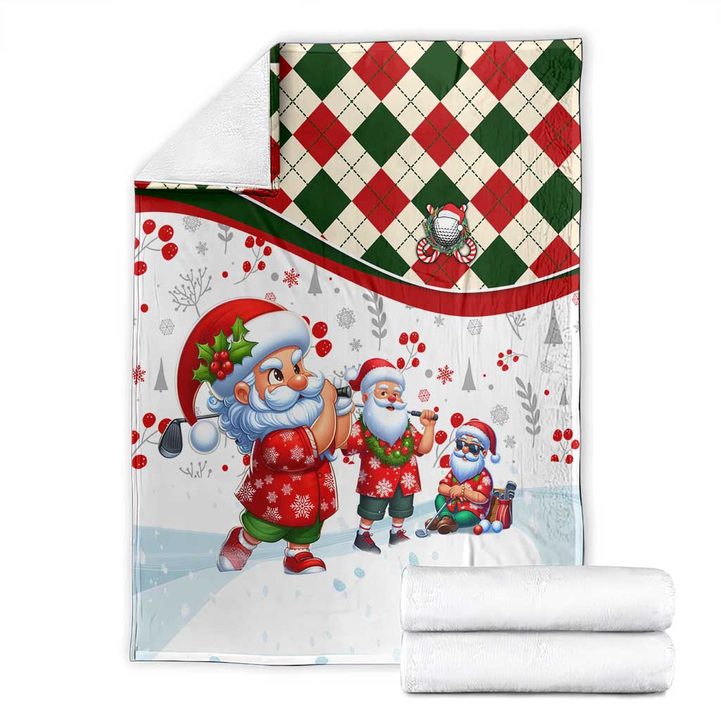 Folded Santa Christmas blanket with white fabric, red/green plaid top band, printed characters