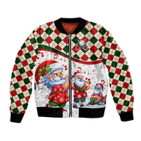 White bomber jacket with red and green check sleeves, Santa front graphic, black rib trim