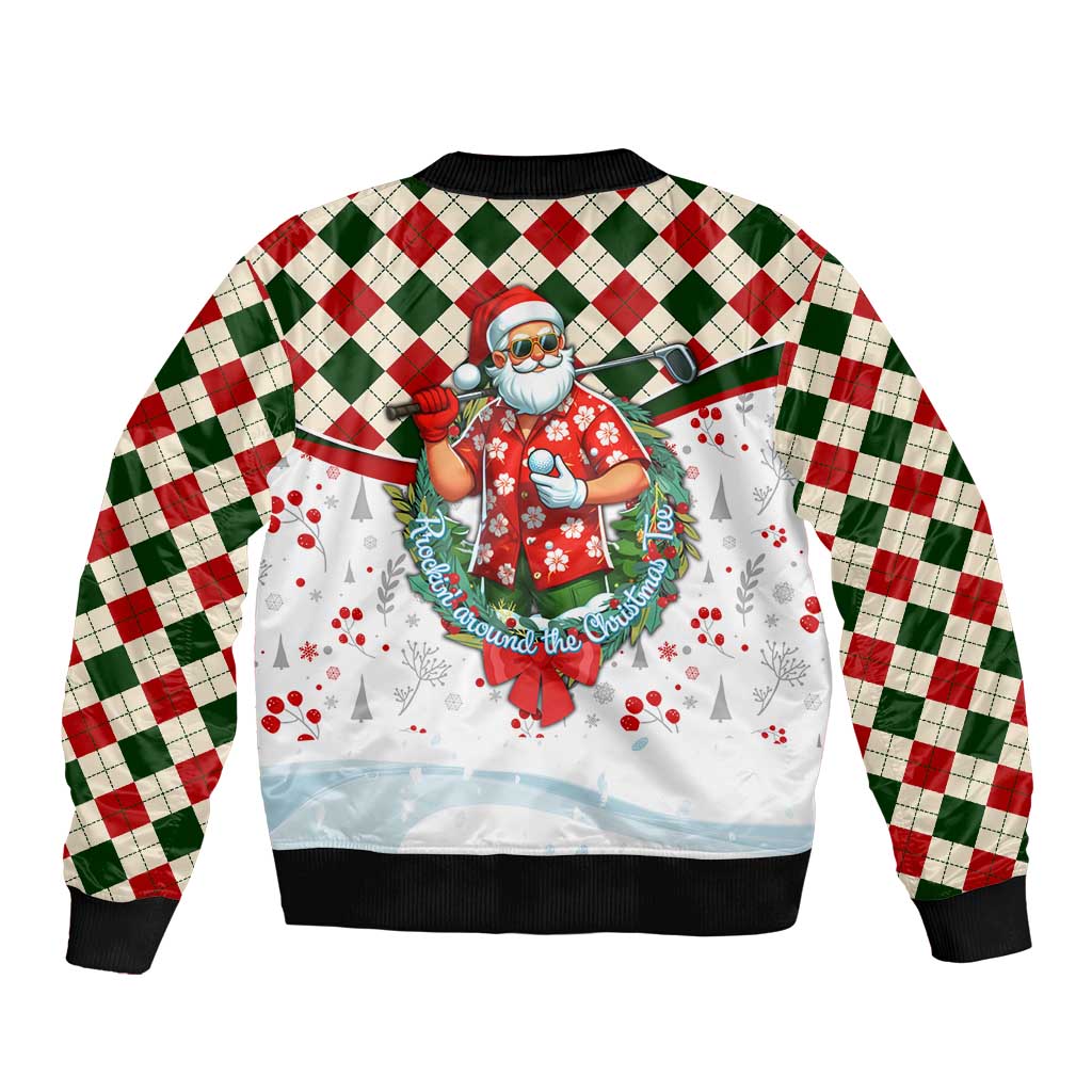 White bomber jacket with back Santa and elf scene, red/green check sleeves, ribbed cuffs