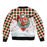 White bomber jacket with back Santa and elf scene, red/green check sleeves, ribbed cuffs