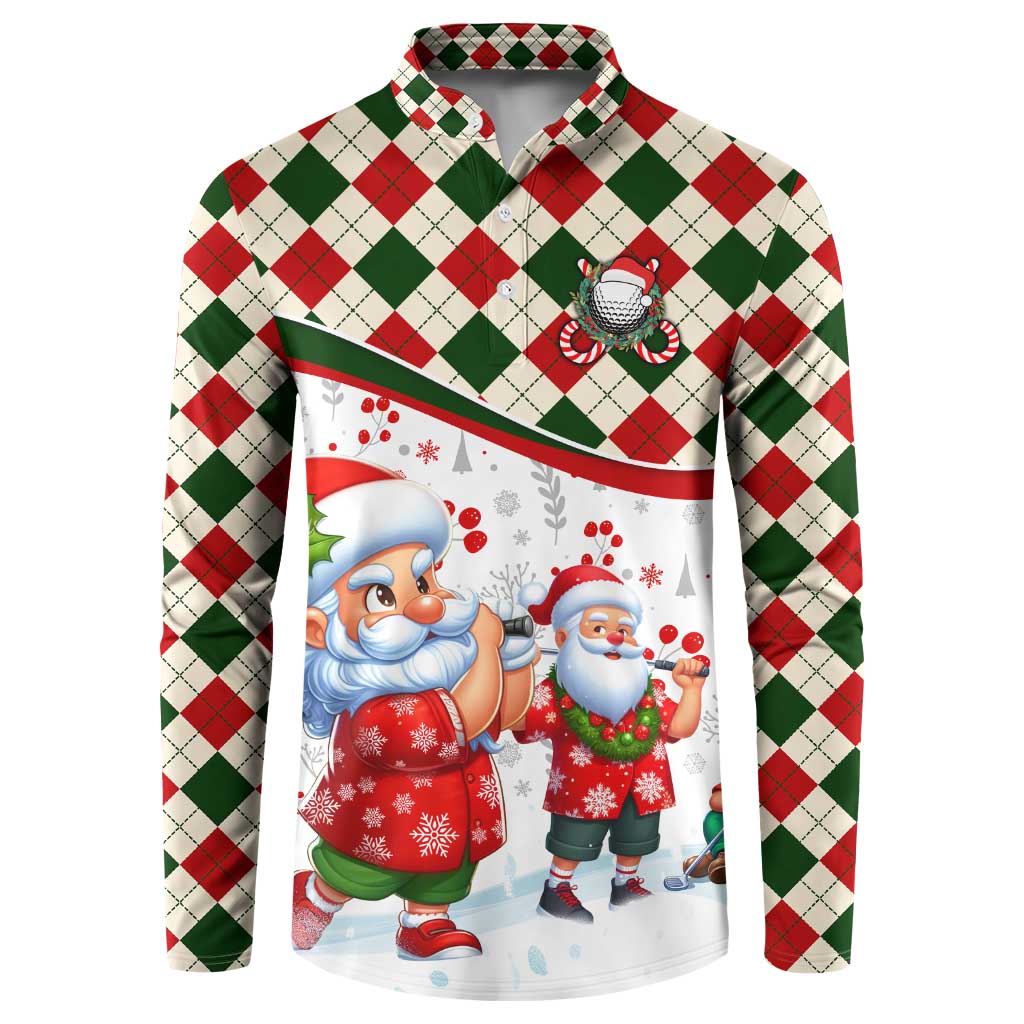 White button sweatshirt with red and green plaid yoke; Santa golf graphic on front