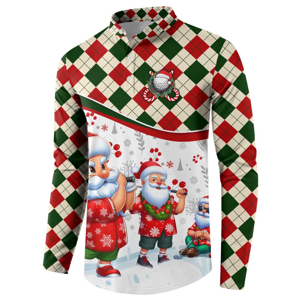 White front button sweatshirt with red and green plaid yoke; Santa golf characters graphic