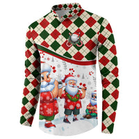 White front button sweatshirt with red and green plaid yoke; Santa golf characters graphic