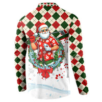 White back button sweatshirt with red and green plaid yoke; Santa golf print and text