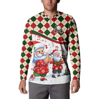 White long-sleeve button sweatshirt with red and green plaid yoke and Santa golf print