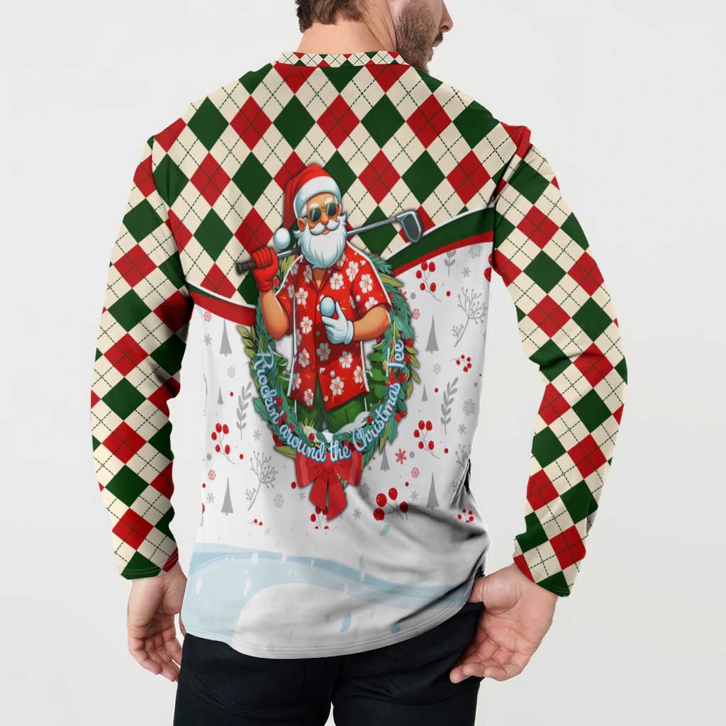 White back sweatshirt with red and green plaid yoke; Santa holding golf clubs graphic