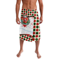 Santa print Christmas wrap skirt, red green white plaid with white splatter