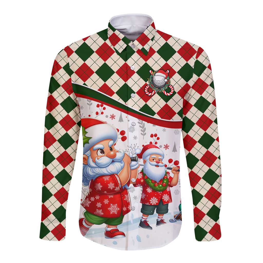 White long-sleeve button golf shirt, red/green plaid with Santa winter graphic