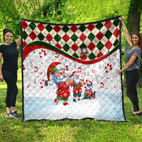 Christmas quilt blanket with Santa and gnome characters and red green diamond check border