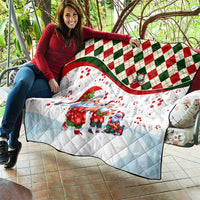 Christmas quilt held outdoors: blue Santa and gnome characters on white with red green border