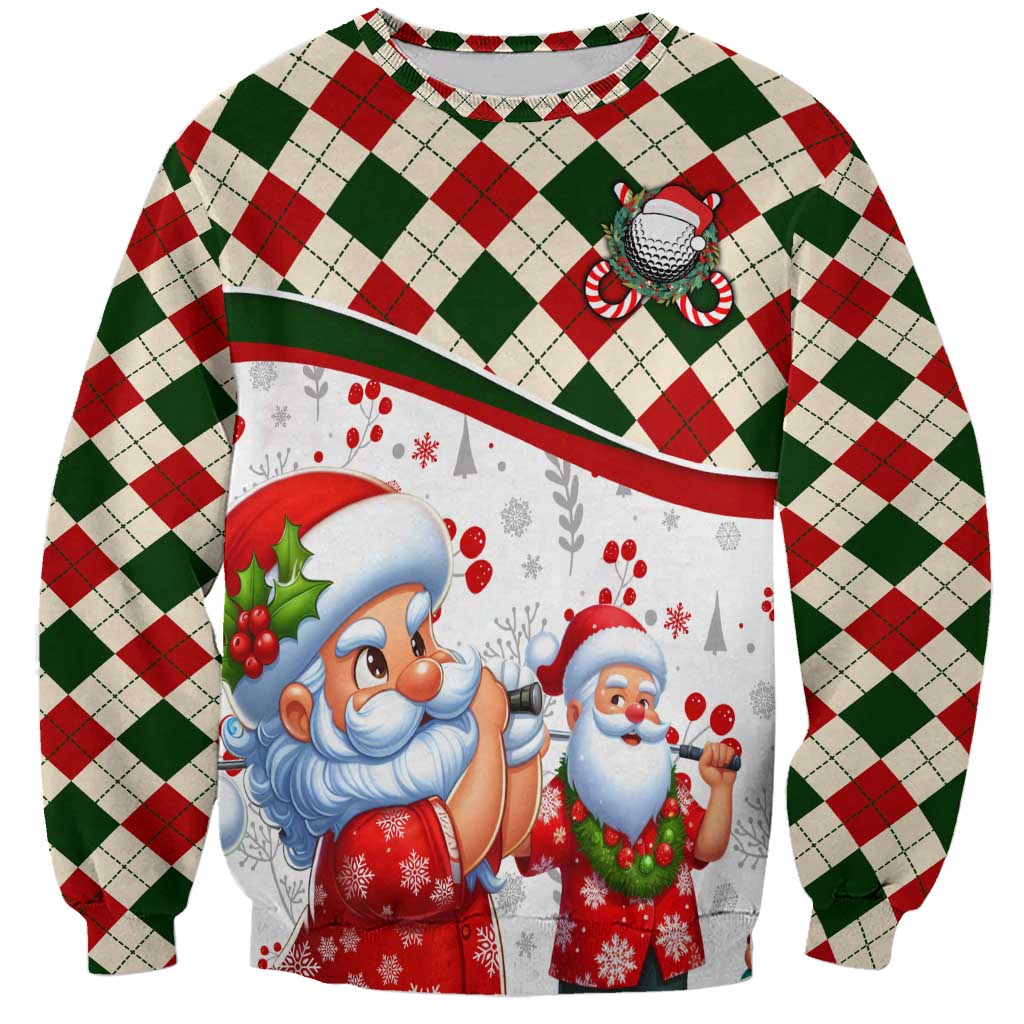 Unisex Christmas sweatshirt with red-green argyle pattern and Santa character front print
