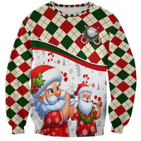 Unisex Christmas sweatshirt with red-green argyle pattern and Santa character front print