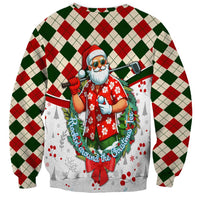 Unisex Christmas sweatshirt with argyle pattern and golfing Santa graphic on back