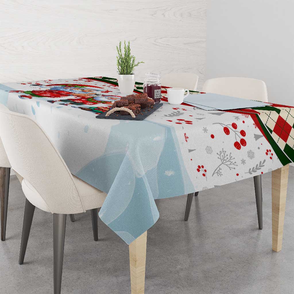 Square Christmas tablecloth with winter Santa illustration and light blue printed base