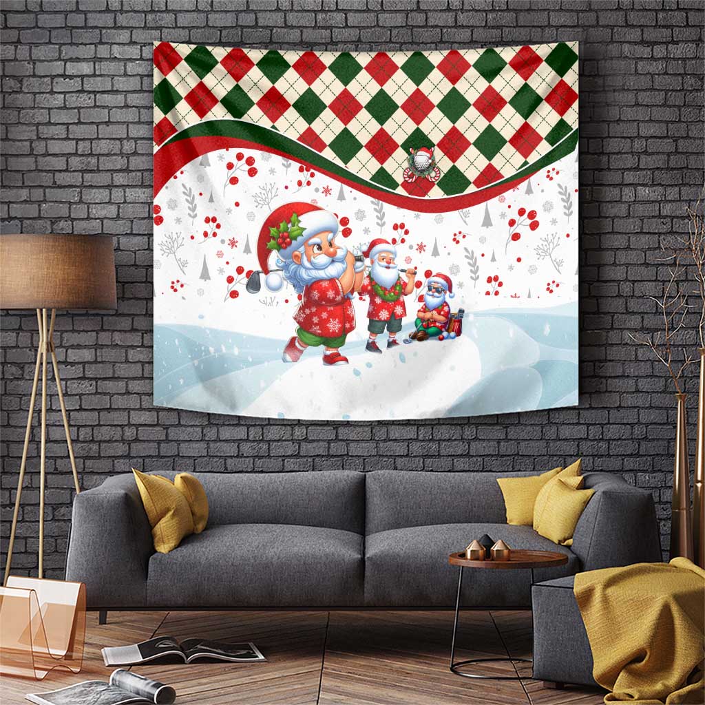 Christmas Santa tapestry wall hanging with red-green diamond border and three characters