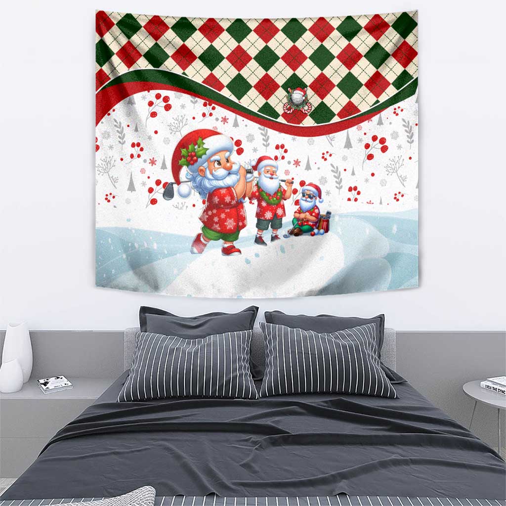 Christmas Santa tapestry on wall with red-green diamond border and smiling trio