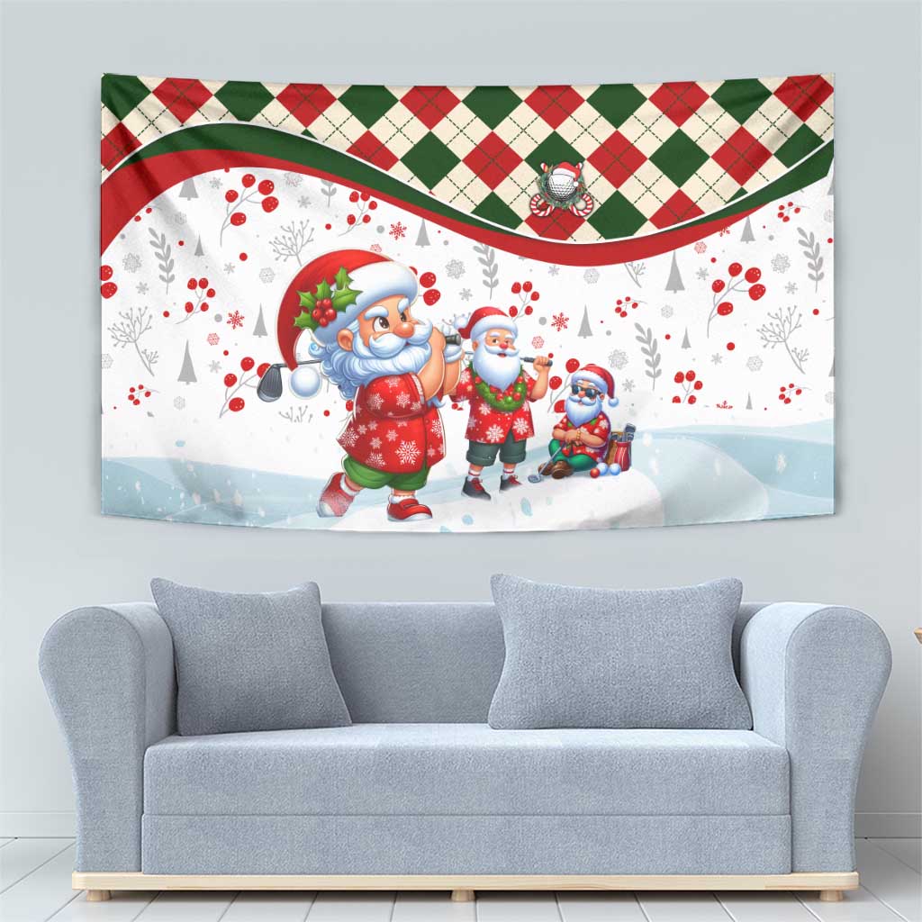 Christmas Santa tapestry wall hanging with red-green diamond border and three characters
