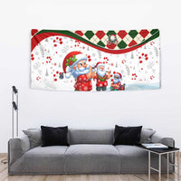 Christmas Santa tapestry wall hanging with red-green diamond border above three holiday figures