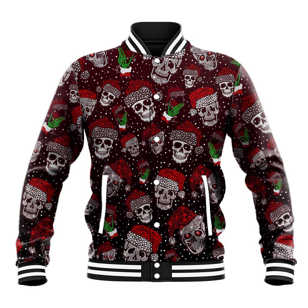 Red baseball jacket with skull and cactus pattern, striped ribbed collar and cuffs
