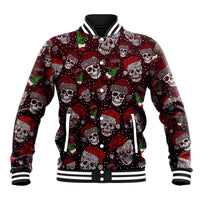 Red baseball jacket with skull and cactus pattern, striped ribbed collar and cuffs