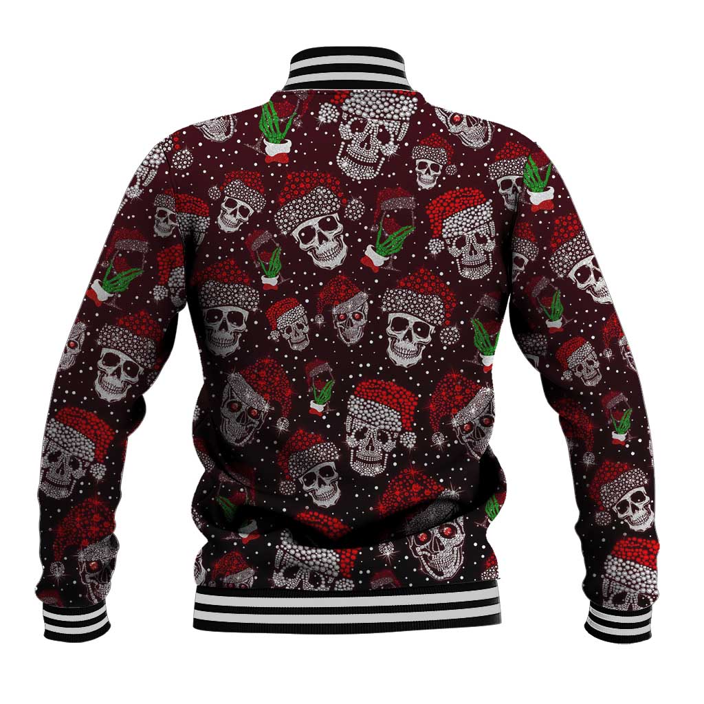 Red baseball jacket with all-over skull and cactus print, striped ribbed collar and hem