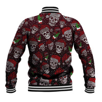 Red baseball jacket with all-over skull and cactus print, striped ribbed collar and hem