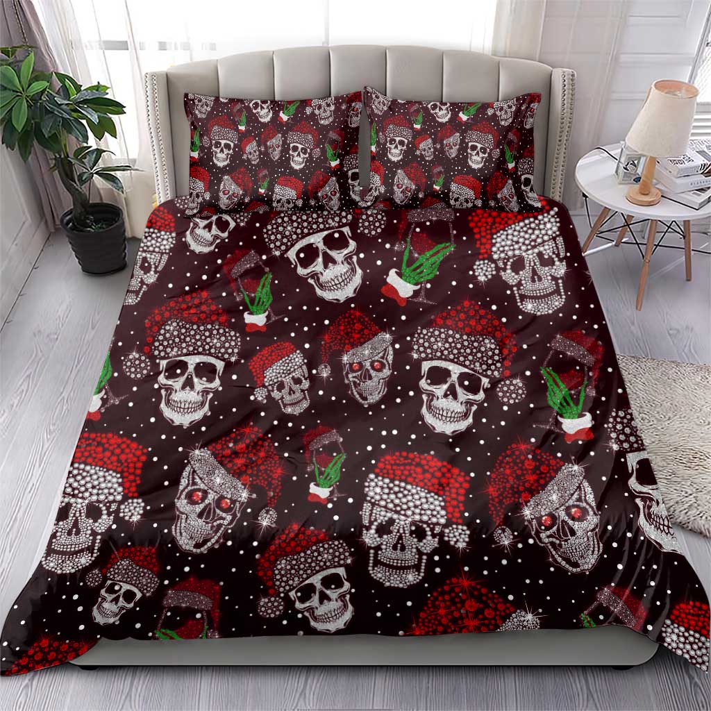 Bedding set with dark red skull and cocktail print, two matching pillow shams