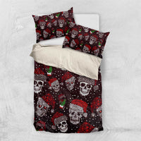 Bedding set with dark red duvet and pillow shams, skulls, cocktails, green accents