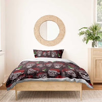 Bedding set with dark red skull and cocktail design, green drink accents