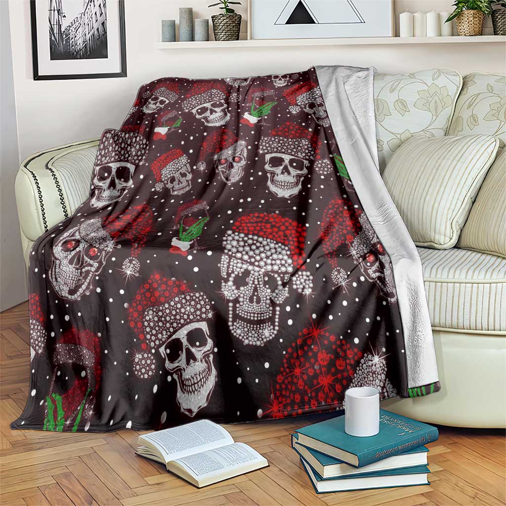 Dark maroon skull blanket with white faces, red speckles, and green cocktail drink motifs