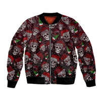 Red and black bomber jacket with skull print, zipper front, ribbed cuffs and hem