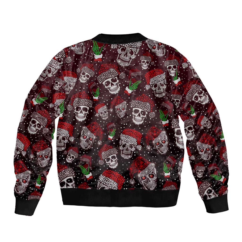 Dark red and black bomber jacket with repeating skull and holiday bottle print, ribbed hem