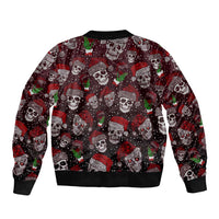 Dark red and black bomber jacket with repeating skull and holiday bottle print, ribbed hem