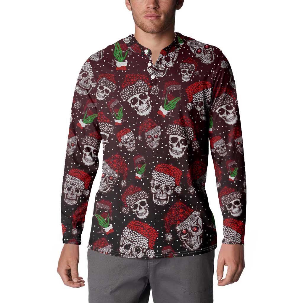 Red and dark skull holiday long-sleeve sweatshirt on model, crew neck
