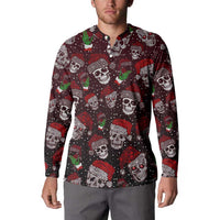 Red and dark skull holiday long-sleeve sweatshirt on model, crew neck