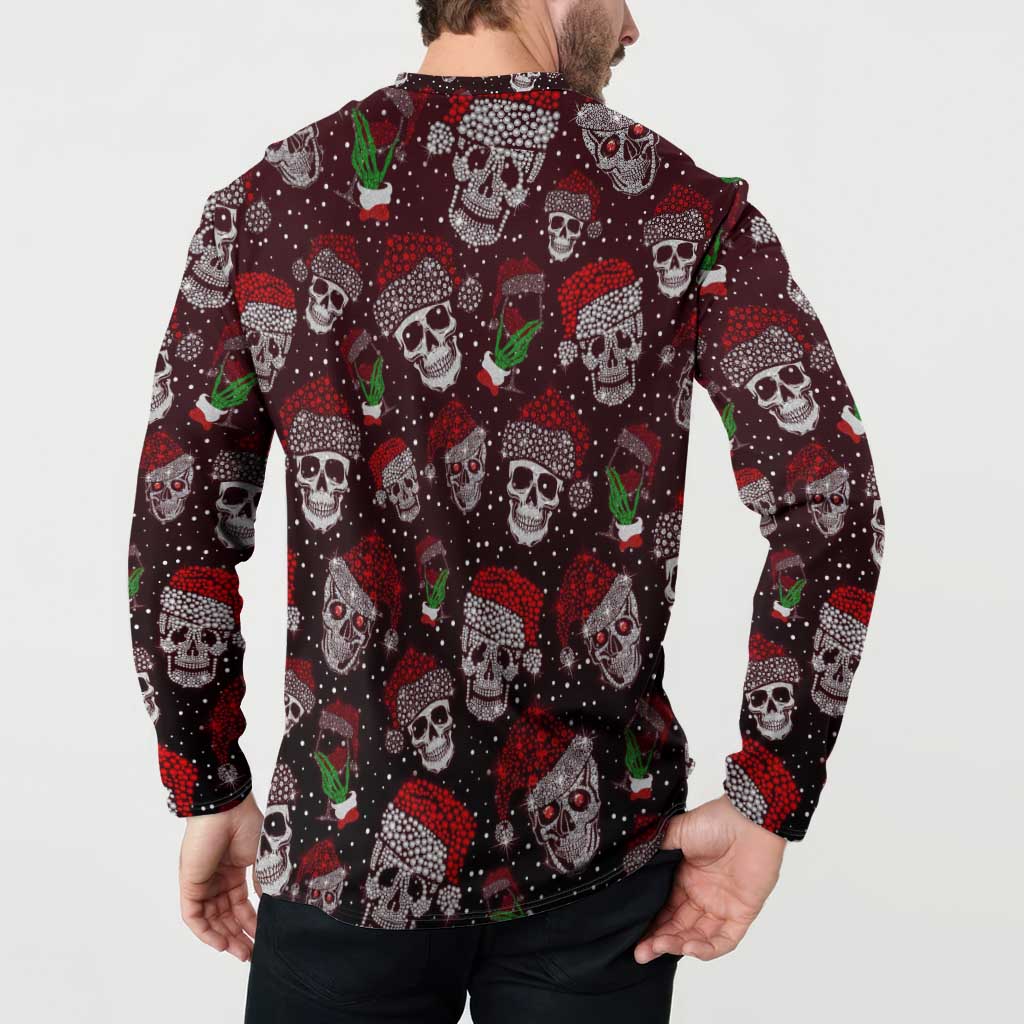 Back view: red and dark skull holiday long-sleeve sweatshirt, crew neck