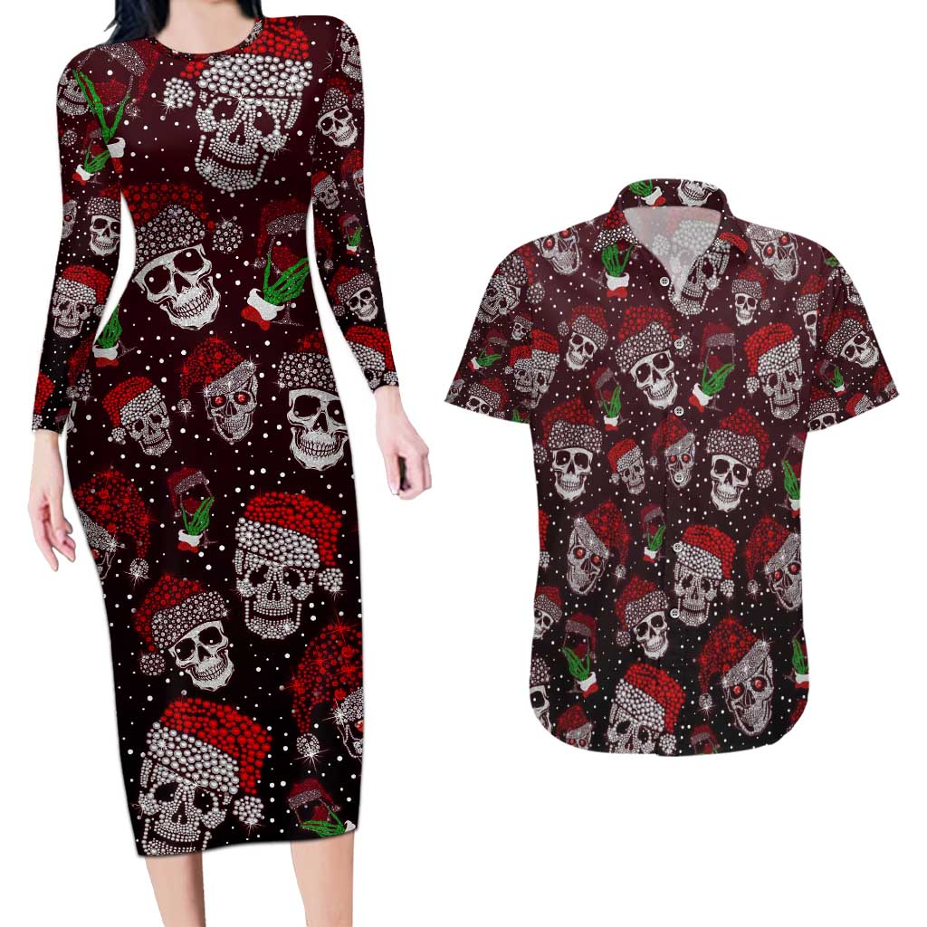 Xmas Skulls Love Christmas Cocktails Couples Matching Long Sleeve Bodycon Dress and Hawaiian Shirt - Wonder Print Shop