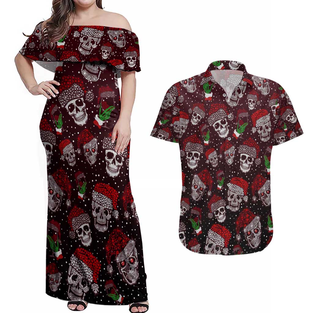 Xmas Skulls Love Christmas Cocktails Couples Matching Off Shoulder Maxi Dress and Hawaiian Shirt - Wonder Print Shop