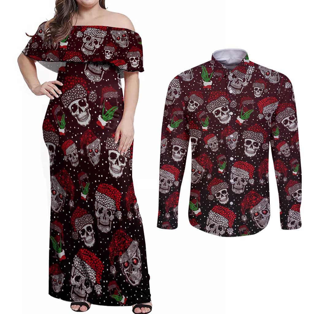 Xmas Skulls Love Christmas Cocktails Couples Matching Off Shoulder Maxi Dress and Long Sleeve Button Shirt - Wonder Print Shop