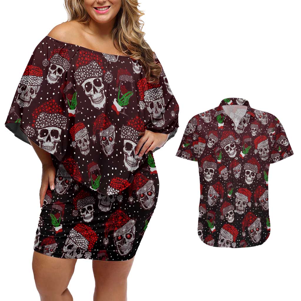 Xmas Skulls Love Christmas Cocktails Couples Matching Off Shoulder Short Dress and Hawaiian Shirt - Wonder Print Shop