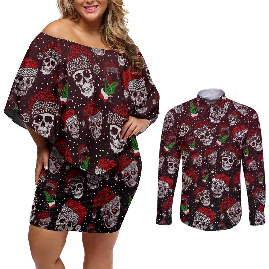 Xmas Skulls Love Christmas Cocktails Couples Matching Off Shoulder Short Dress and Long Sleeve Button Shirt - Wonder Print Shop