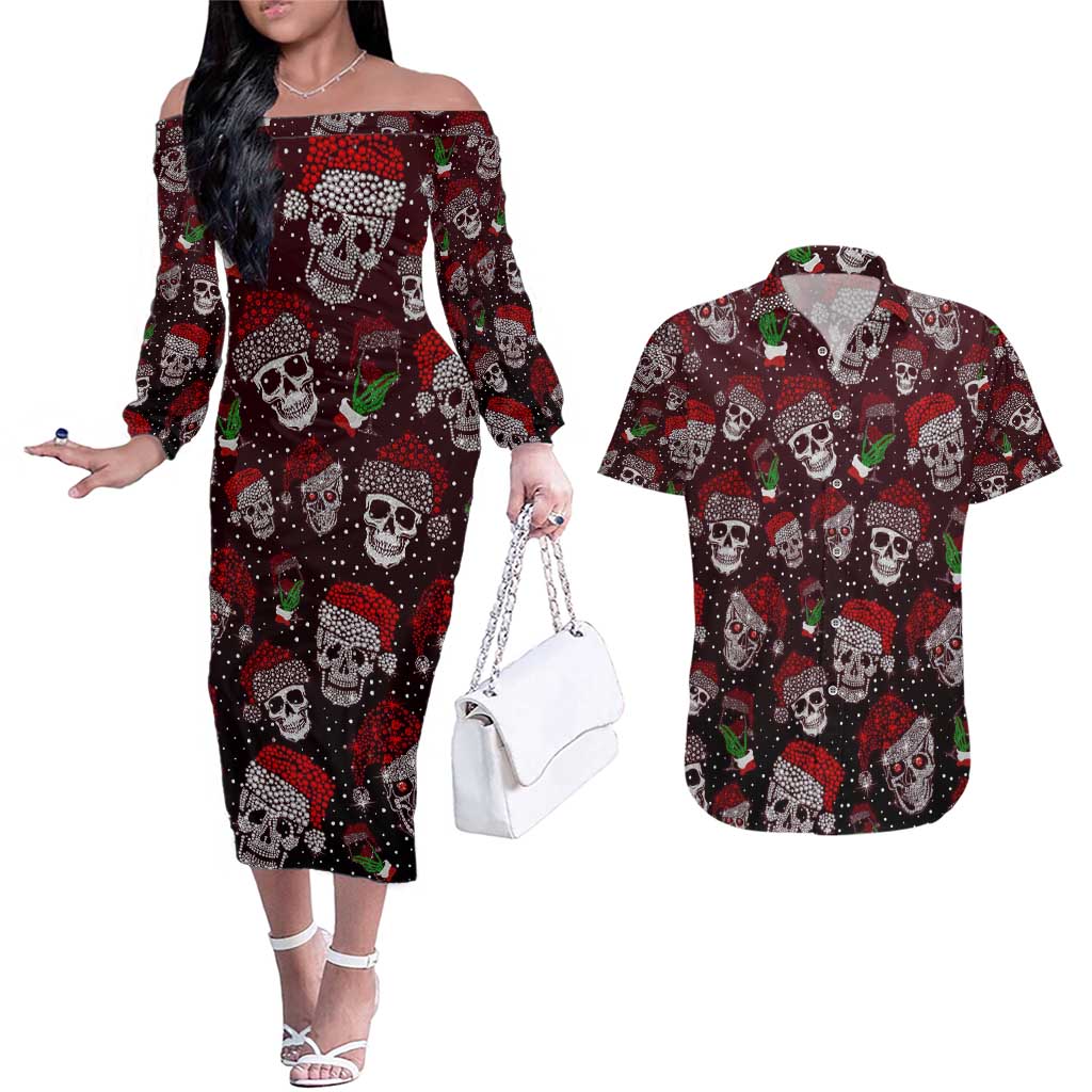 Xmas Skulls Love Christmas Cocktails Couples Matching Off The Shoulder Long Sleeve Dress and Hawaiian Shirt - Wonder Print Shop